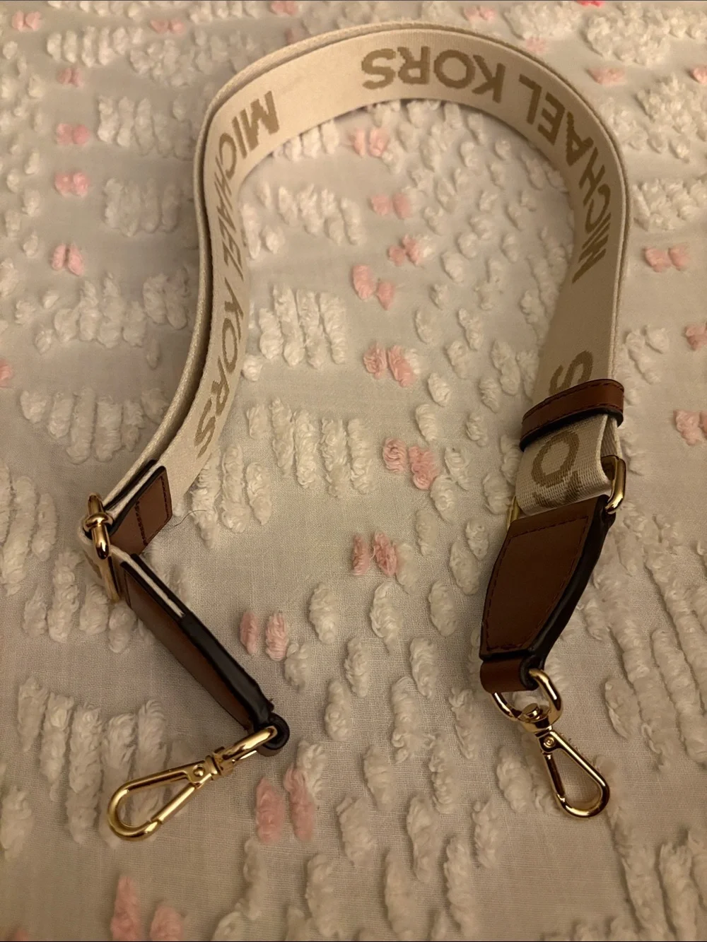 Michael Kors Beige Logo Webbing Strap with Brown Leather and Gold Hardware